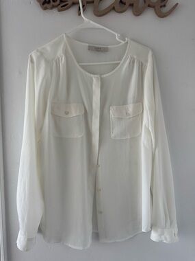 LOFT Ivory Button-Front Long Sleeve Blouse